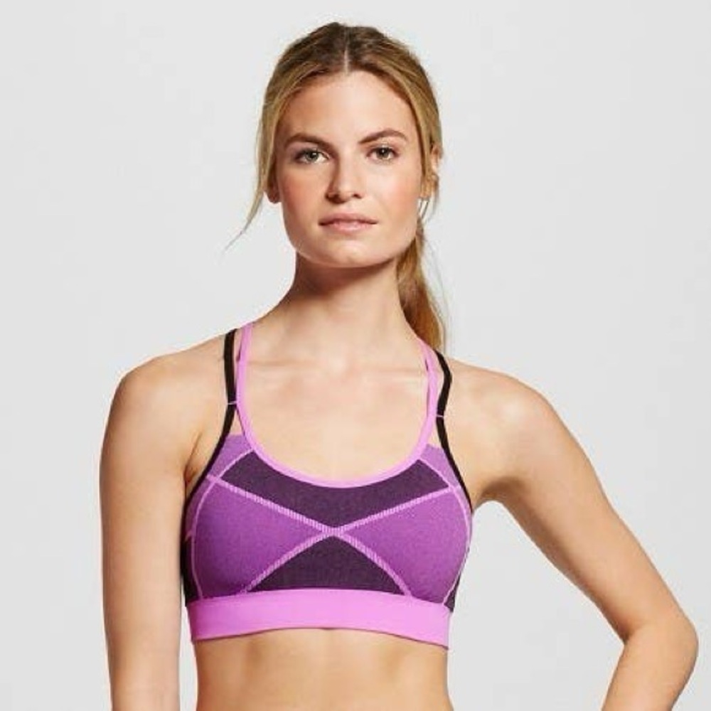 Champion Double Crisscross Purple Sports Bra with Geometric Color Blocks Size M